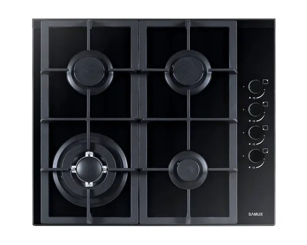 Plita incorporabila Samus PSG-64SG4, Gaz, 4 arzatoare, Gratare fonta, Sistem siguranta arzatoare, Aprindere electrica, 58x50 cm, Sticla neagra