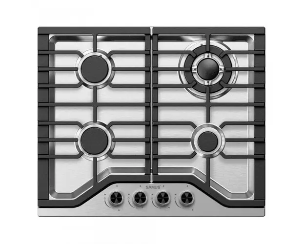 Plita Incorporabila Samus PSG-64SX9, 4 arzatoare pe gaz, Gratare din fonta, Sisteme de siguranta la arzatoare, Aprindere electrica, Inox
