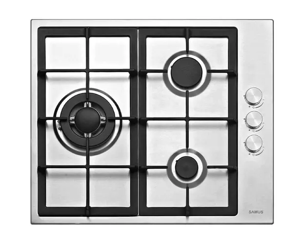 Plita incorporabila Samus PSG-PSG-63SX1, Gaz, 3 arzatoare, Gratare fonta, Sisteme siguranţa flacara, Aprindere electrica, 58 cm, Inox