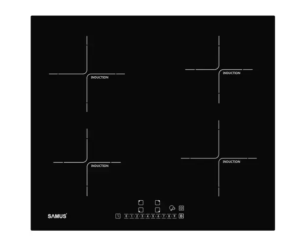 Plita incorporabila Samus PSI-64BG7, Inductie, 4 zone de gatit, Touch control, 9 setari putere, Timer, Blocare acces copii, L 60 cm, Vitroceramica, Negru