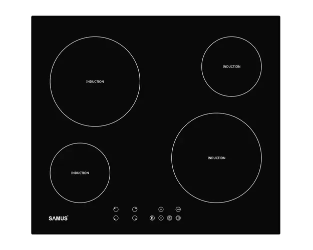 Plita incorporabila Samus PSI-64BG8, Inductie, 4 zone de gatit, Touch control, 9 setari putere, Timer, Blocare acces copii, L 60 cm, Vitroceramica, Negru