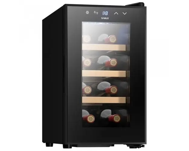 Racitor de vin Samus SRV25LM8, 21 L, Capacitate 8 sticle, Clasa energetica E, Mod racire termoelectric, Afisaj Electronic, H 47.5 cm, Negru