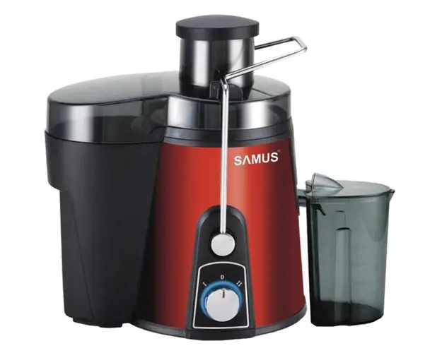 Storcator Samus Twister, 800 W, Tub larg, 2 viteze, Sistem anti-picurare, Recipient suc 0.45 L, Recipient pulpa 1.2 L, Lame si filtru inox, Accesoriu impingere, Carcasa metalica, Rosu/Negru
