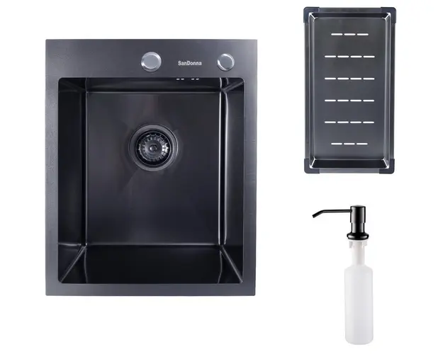 Pachet chiuveta inox SanDonna HD4050 cu scurgator si dozator detergent, handmade, 400x500x230 mm, Negru