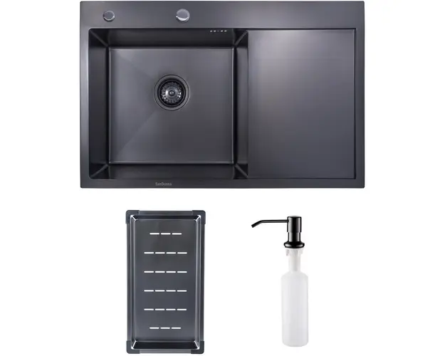 Pachet chiuveta inox SanDonna HD7850 cu scurgator si dozator detergent, handmade, 780x500x230 mm, Negru