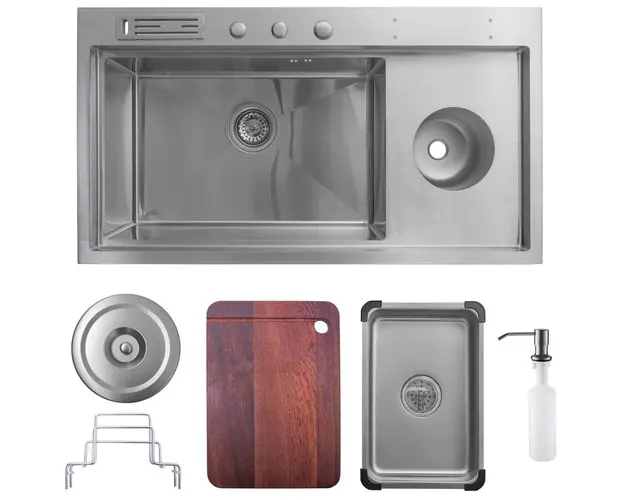 Pachet chiuveta inox SanDonna HD9245 cu dozator detergent, tava resturi, tocator, suport tacamuri, handmade, 920x450x230 mm, Crom satin