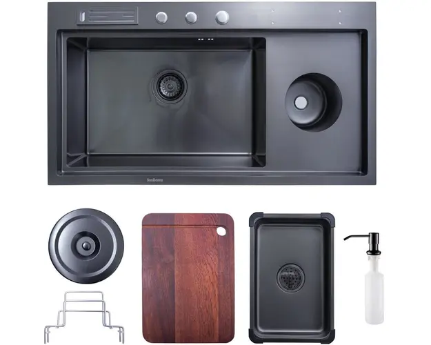 Pachet chiuveta inox SanDonna HD9245 cu dozator detergent, tava resturi, tocator, suport tacamuri, handmade, 920x450x230 mm, Negru