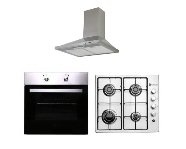 Pachet Cuptor incorporabil Studio Casa Milano FE606 X, Electric, 61 l, Clasa A, Inox + Plita incorporabila Studio Casa PG 60, Gaz, 4 arzatoare, Aprindere electrica, Inox+Hota decorativa Studio Casa New Milano Inox, 60 cm