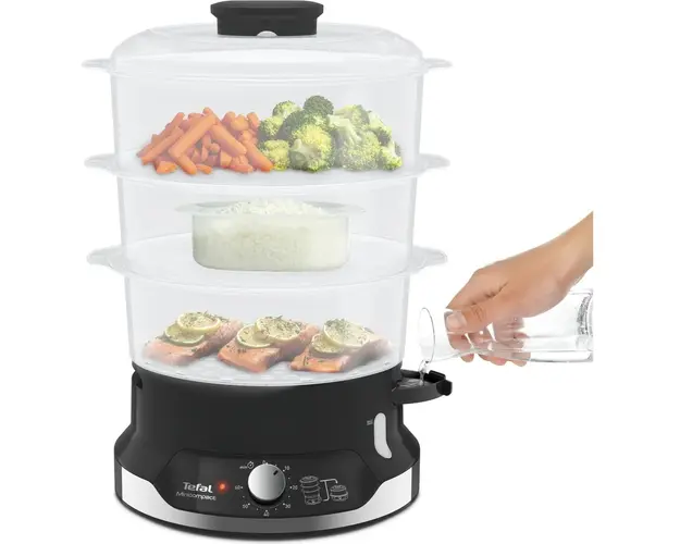 Aparat de gatit la aburi Tefal UltraCompact VC204810, 800 W, capacitate 9 L, timer 60 minute, recipient orez 1L, indicator nivel apa, negru