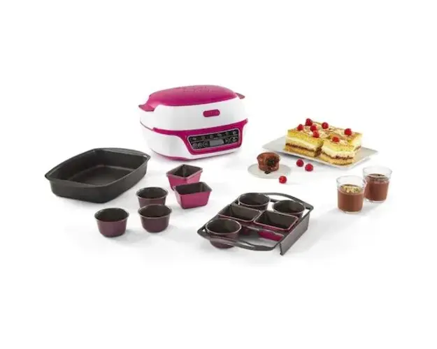 Aparat pentru deserturi si produse de patisserie Tefal Cake Factory Delices KD810112, 5 programe automate + mod manual, ajustarea temperaturii, tava antiaderenta, 6 forme briose Creabake, 6 forme mini-prajituri Creabake, carte de retete, Alb/Rosu