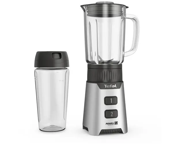 Blender Tefal Minimix BL16GE30, 400W, 2 trepte de viteza, recipient din sticla termorezistent 0.7 L, recipient portabil 0.6 L, lame detasabile Powelix, argintiu
