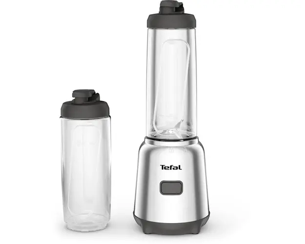 Blender Tefal Mix &amp; Move BL15FD30, 300W, 0.6L, 4 lame detasabile, 2 recipiente portabile din tritan cu capac, argintiu