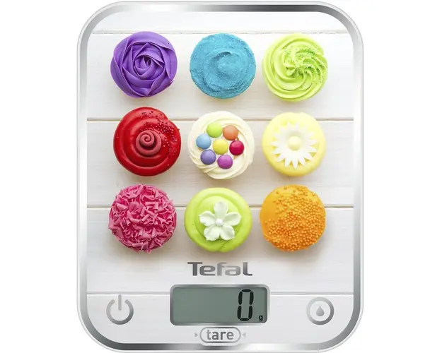 Cantar de bucatarie Tefal Optiss Delicious Cupcakes BC5122V0, sticla, 5 kg, functie de cantarire a lichidelor, alb