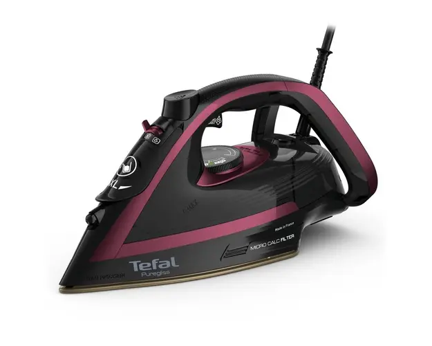 Fier de calcat cu abur Tefal Puregliss FV8065E0, abur variabil 50 g/min, jet de abur 280 g/min, 3000 W, sistem Micro Calc Filter, negru &amp; visiniu