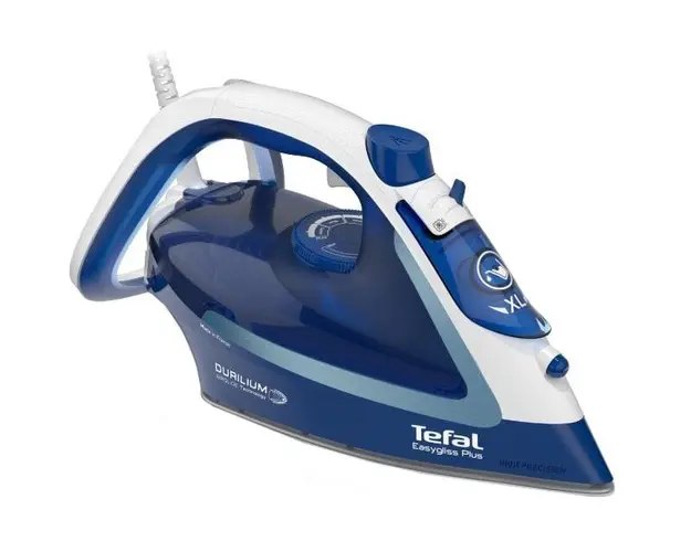 Fier de calcat TEFAL EasyGliss Plus FV5735E0, 2500W, 220g/min, Easygliss Plus , Durilium AirGlide, sistem anticalcar, functie calcare verticala, Auto OFF, Autosteam, alb&amp;albastru