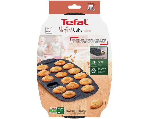 Forma de copt Tefal PerfectBake Mini Madelene, aluminiu reciclat, invelis antiaderent, 21x29 cm, negru &amp; maro