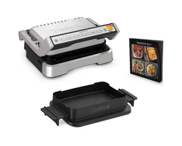 Gratar electric Tefal OptiGrill 4 in 1 GC774D30, 2100W, 9 programe de gatire automate, tava pentru cuptor, tavi detasabile cu invelis antiaderent, argintiu &amp; negru