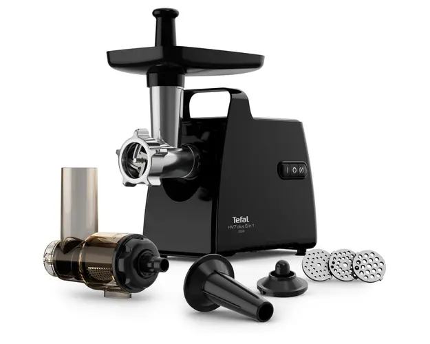 Masina de tocat carne Tefal HV7 Plus 6 in 1 NE553838, 2000 W, 2.8 kg/min, accesorii pentru kebbe, carnati, suc de rosii, 3 grile din inox, functie reverse, negru