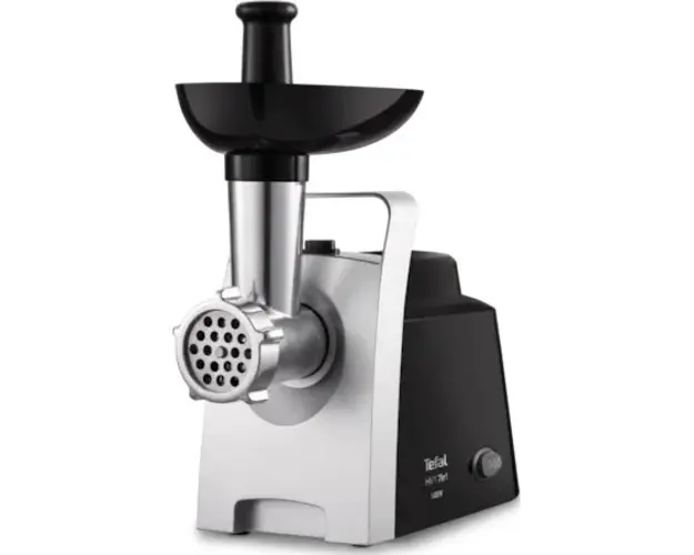 Masina de tocat Tefal 7 in 1 NE108831, 1400 W, 1.7 kg/min, functie reverse, 3 site din inox, 3 cilindrii pentru feliere, accesoriu pentru carnati, Negru