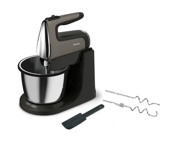 Mixer cu bol Tefal PowerMix Silence HT654E38, 600 W, rotire automata a bolului, functie turbo, 2 teluri inox, 2 carlige inox, spatula, argintiu/negru