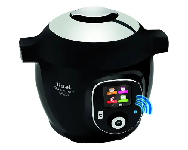 Multicooker inteligent cu gatire sub presiune Tefal Cook4Me+ Connect CY855830, 6 moduri de gatire, Instructiuni pas cu pas, 150 de retete, Compatibil cu aplicatia dedicata, Capacitate 6L, Vas cu invelis ceramic, Negru