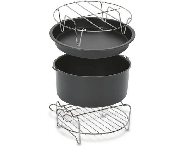 Set 4 accesorii Tefal Easy Fry XXL XA113010 pentru friteuza Tefal FW50xx, EY80xx, EY70xx, inox si strat antiaderent, tava pizza, vas copt, gratar friptura, suport frigarui, negru