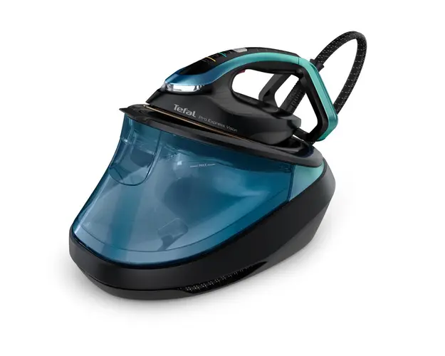 Statie de calcat Tefal Pro Express Vision GV9822E1, 3000W, 9 bari, jet de aburi 750 g/min, abur variabil 180 g/min, talpa Durilium Airglide Autoclean, rezervor apa 1.2L, oprire automata, negru &amp; albastru