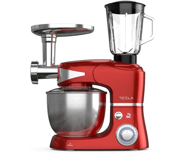 Robot de bucatarie Tesla KR600RA, 1000 W, 6 vitezebol inox 5 L, masina de tocat+blender, Rosu