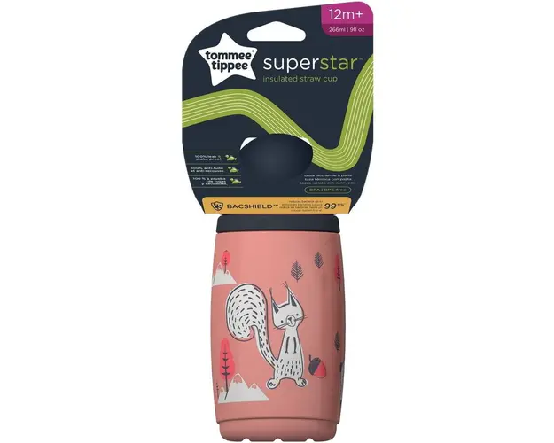 Cana cu pai, izoterma, cu protectie BACSHIELD ™ Tommee Tippee, 266ml, 12 luni +, Bej/Roz, 1 buc