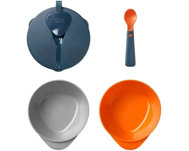Set castroane cu capac si lingurita cu BACSHIELD ™ Tommee Tippe, 6 luni +, Gri/Portocaliu