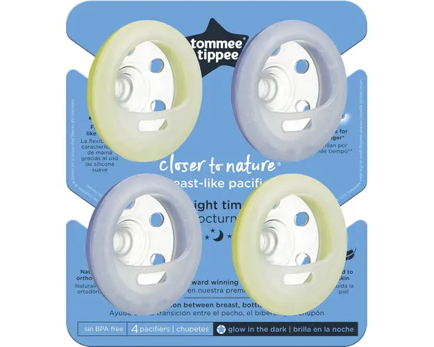 Suzeta de noapte Tommee Tippee Closer to Nature Breast like pacifier, 6-18 luni , Gri/Galben, 4 buc