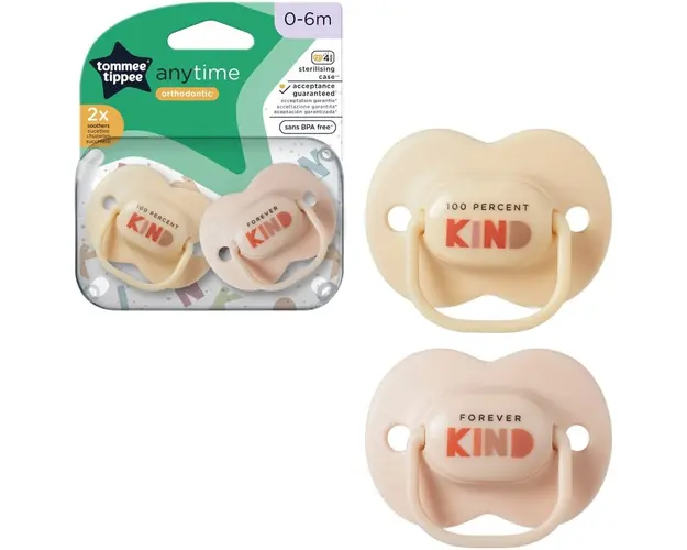 Suzeta Tommee Tippee Anytime, design ortodontic simetric, fara BPA, include cutie de sterilizare, 0-6 luni, 2 buc. Bej