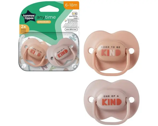 Suzeta Tommee Tippee Anytime, design ortodontic simetric, fara BPA, include cutie de sterilizare, 6-18 luni, 2 buc, bej