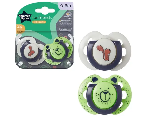 Suzeta Tommee Tippee Fun, design ortodontic simetric, fara BPA, include cutie de sterilizare, 0-6 luni, 2 buc, verde-alb