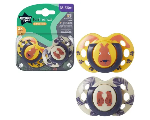 Suzeta Tommee Tippee Fun, design ortodontic simetric, fara BPA, include cutie de sterilizare, 18-36 luni, 2 buc, ursuleti