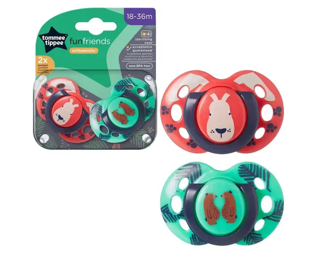 Suzeta Tommee Tippee Fun, design ortodontic simetric, fara BPA, include cutie de sterilizare, 18-36 luni, 2 buc, verde rosu