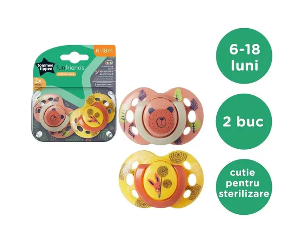 Suzeta Tommee Tippee Fun, design ortodontic simetric, fara BPA, include cutie de sterilizare, 6-18 luni, 2 buc, porto galben
