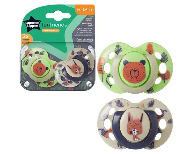 Suzeta Tommee Tippee Fun, design ortodontic simetric, fara BPA, include cutie de sterilizare, 6-18 luni, 2 buc, verde bej