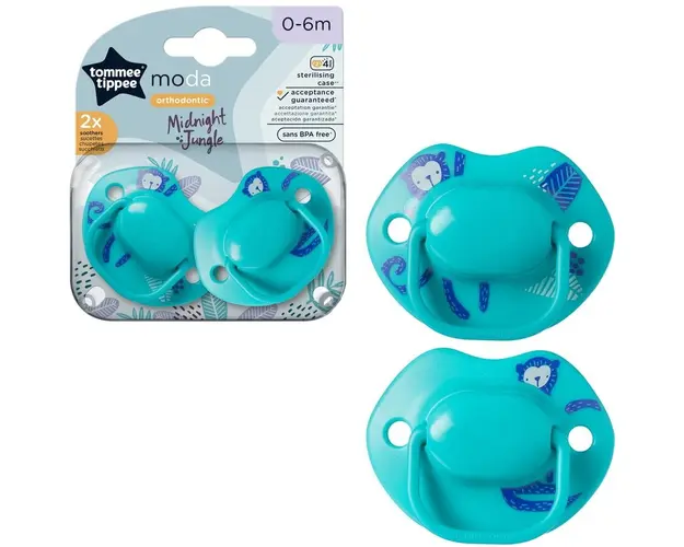 Suzeta Tommee Tippee Moda, design ortodontic simetric, fara BPA, include cutie de sterilizare, 0-6 luni, 2 buc, turcoaz