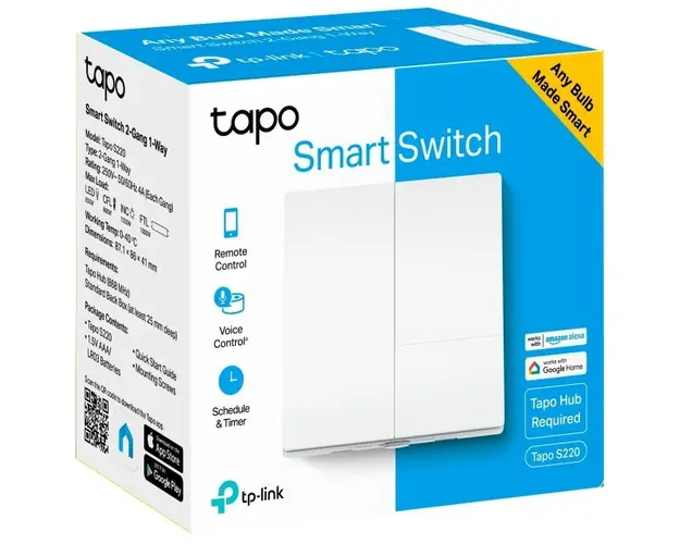 Intrerupator inteligent, necesita hub Tapo H100 pentru functionare, 2 comutatoare, programare prin smartphone aplicatia Tapo, 2 x baterii AAA, WiFi, alb