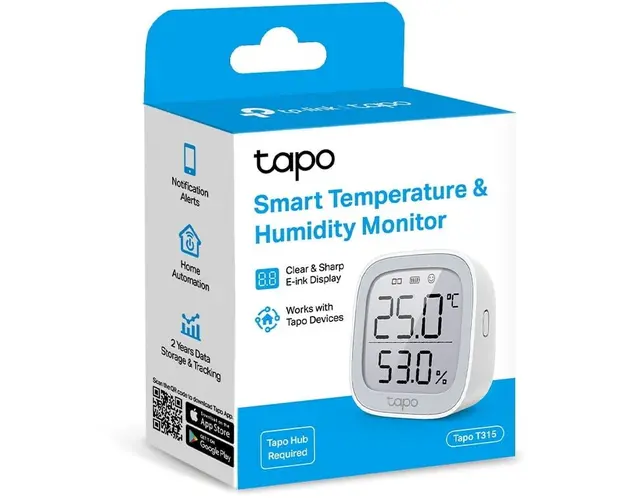 Senzor smart de temperatura si umiditate, necesita hub Tapo H100 pentru functionare, programare prin smartphone aplicatia Tapo, display 2.7 E-ink, 2 x baterii AAA, WiFi, alb