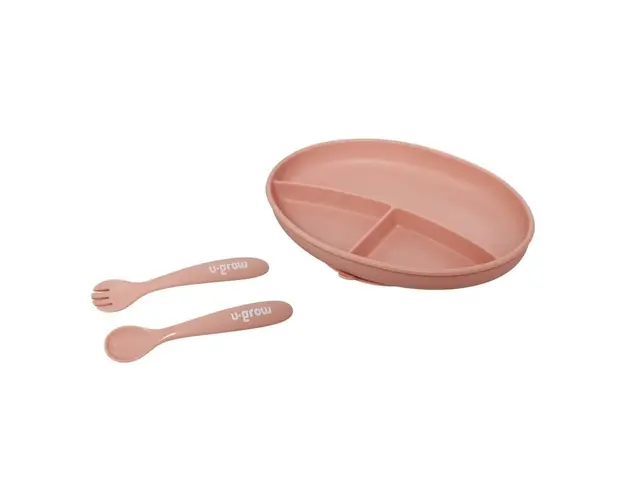 Set farfurie si lingurita silicon, roz