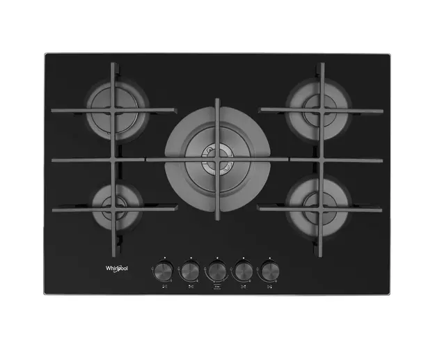 Plita incorporabila Whirlpool GOWL728NB, Gaz, 5 arzatoare, Gratare fonta, MultiStep, 73 cm, Negru