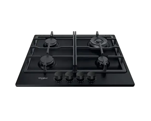 Plita incorporabila Whirlpool TKRL 661 NB, Gaz, 4 zone gatit, Gratar fonta, Aprindere electrica, 60 cm, Negru