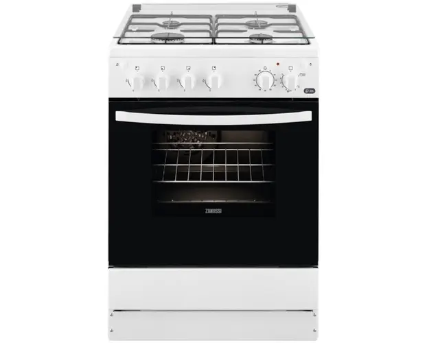 Aragaz Zanussi ZCG612K1WA, Gaz, 4 arzatoare, Grill, Autocuratare catalitica, Aprindere electrica, 59 l, 60 cm, Alb