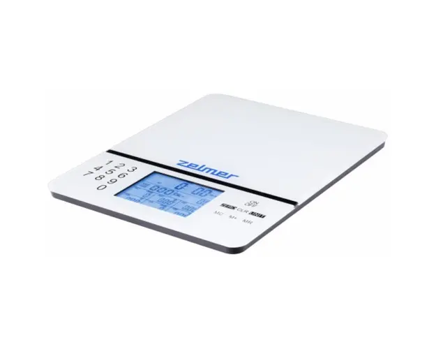 Cantar de bucatarie cu calculator calorii Zelmer ZKS1500N, capacitate maxima 5 kg, precizie masurare 1 g, afisaj tactil , display LCD, suprafata de sticla, alb