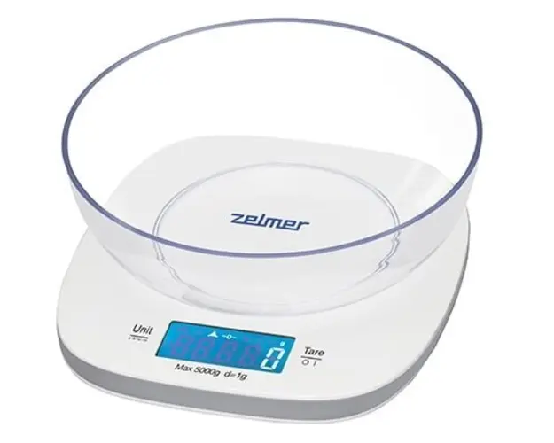Cantar de bucatarie Zelmer ZKS1450, capacitate 5 kg, unitate de masurare de la 1 la 5 kg, precizie masurare 1 g, functie tara, cantarire apa, lapte, afisaj LCD, oprire automata, alb
