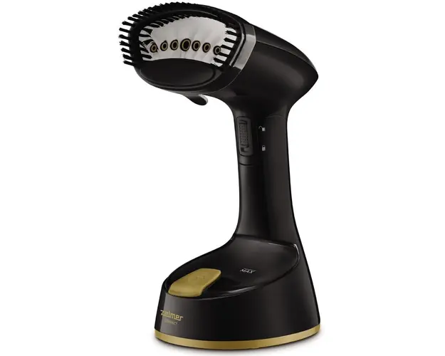 Fier de calcat vertical cu aburi Zelmer Compact ZGS1800, putere 1470 W, abur constant 21 g/min, lungime cablu 1,8 m, negru/auriu