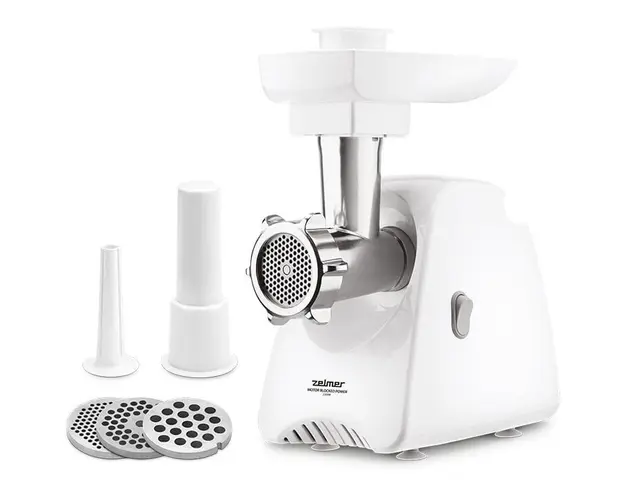 Masina de tocat carne Zelmer ZMM5801, putere motor 2200W, capacitate tocare pana la 3 kg / min, 3 site, accesoriu carnati, picioare antiderapante, alb