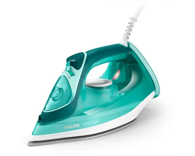 Fier de calcat Philips Seria 3000, putere 2400W, jet continuu de abur 40g min, culoare turcoaz, rezervor de apa 300ml, talpa ceramica, oprire automata